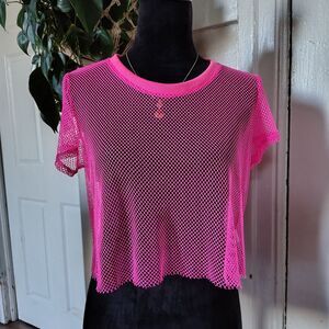 Skater Girl Hot Pink Fish Net Cropped Festival Alternative Top/T411